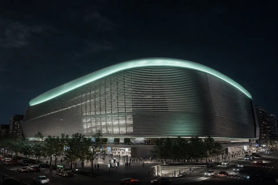 Santiago Bernabeu stadium exterior at night